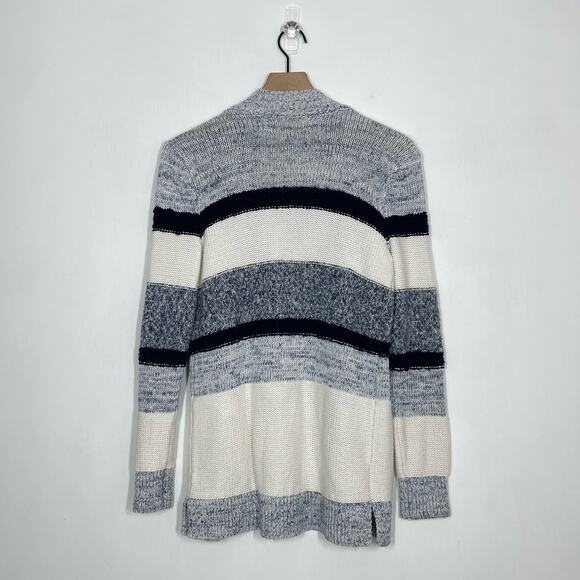 LOFT Cardigan Sweater Women's Size Small Blue Marled Striped Knit Open Front - Picture 2 of 9